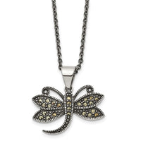Stainless Steel Antiqued & Polished w/Marcasite Dragonfly 18in Necklace