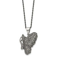 Stainless Steel Antiqued & Polished w/Marcasite Butterfly 20in Necklace