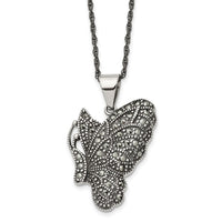 Stainless Steel Antiqued & Polished w/Marcasite Butterfly 20in Necklace