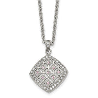 Stainless Steel Polished Clear and Pink CZ Square 18in Necklace