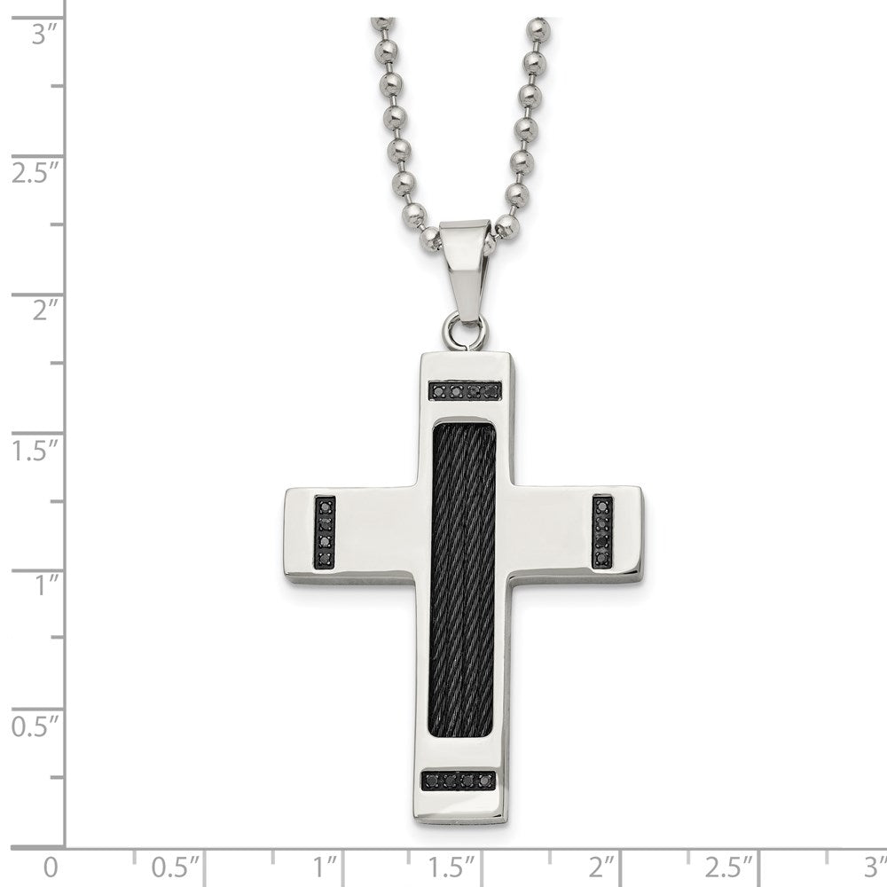Chisel Stainless Steel Polished Black IP-plated 1/10 carat Black Diamond Cross Pendant on a 24 inch Ball Chain Necklace