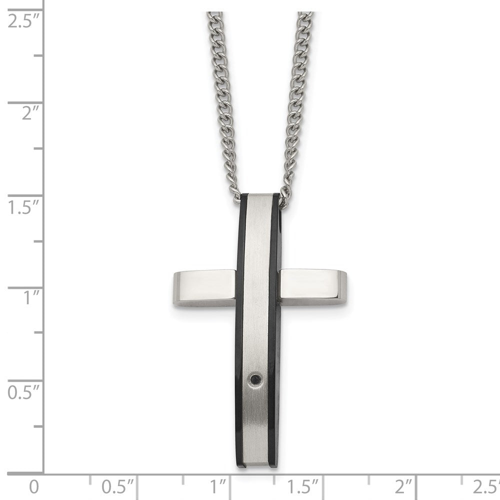 Chisel Stainless Steel Polished Black IP-plated .01 carat Diamond Cross Pendant on a 24 inch  Curb Chain Necklace