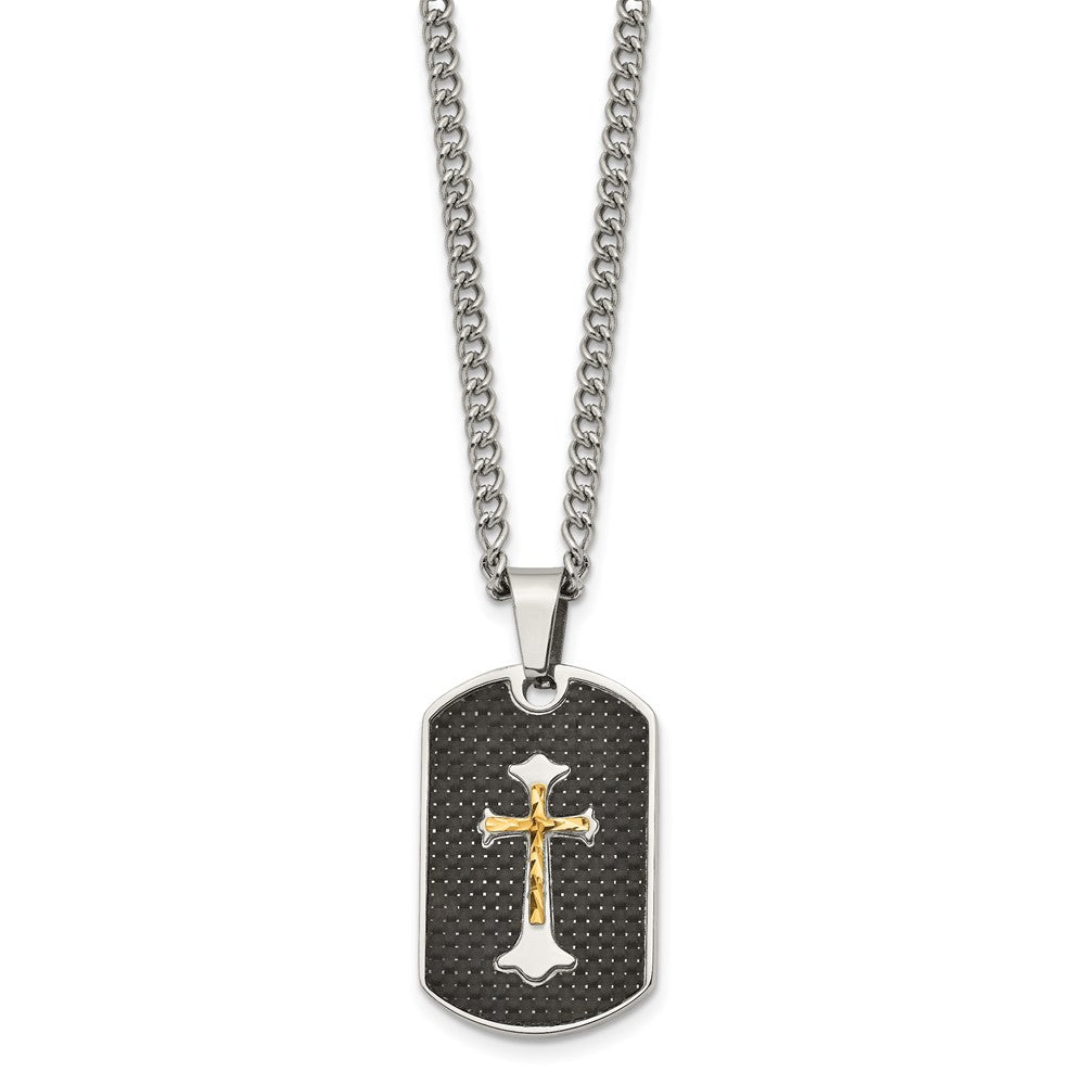 Chisel Stainless Steel Polished with Sterling Silver and Carbon Fiber Inlay Yellow IP-plated Cross on a 24 inch Curb Chain Necklace