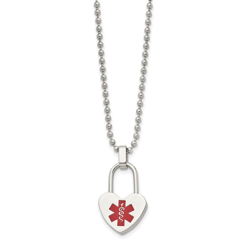 Chisel Stainless Steel Polished with Red Enamel Heart Lock Medical ID Pendant on a 24 inch Ball Chain Necklace