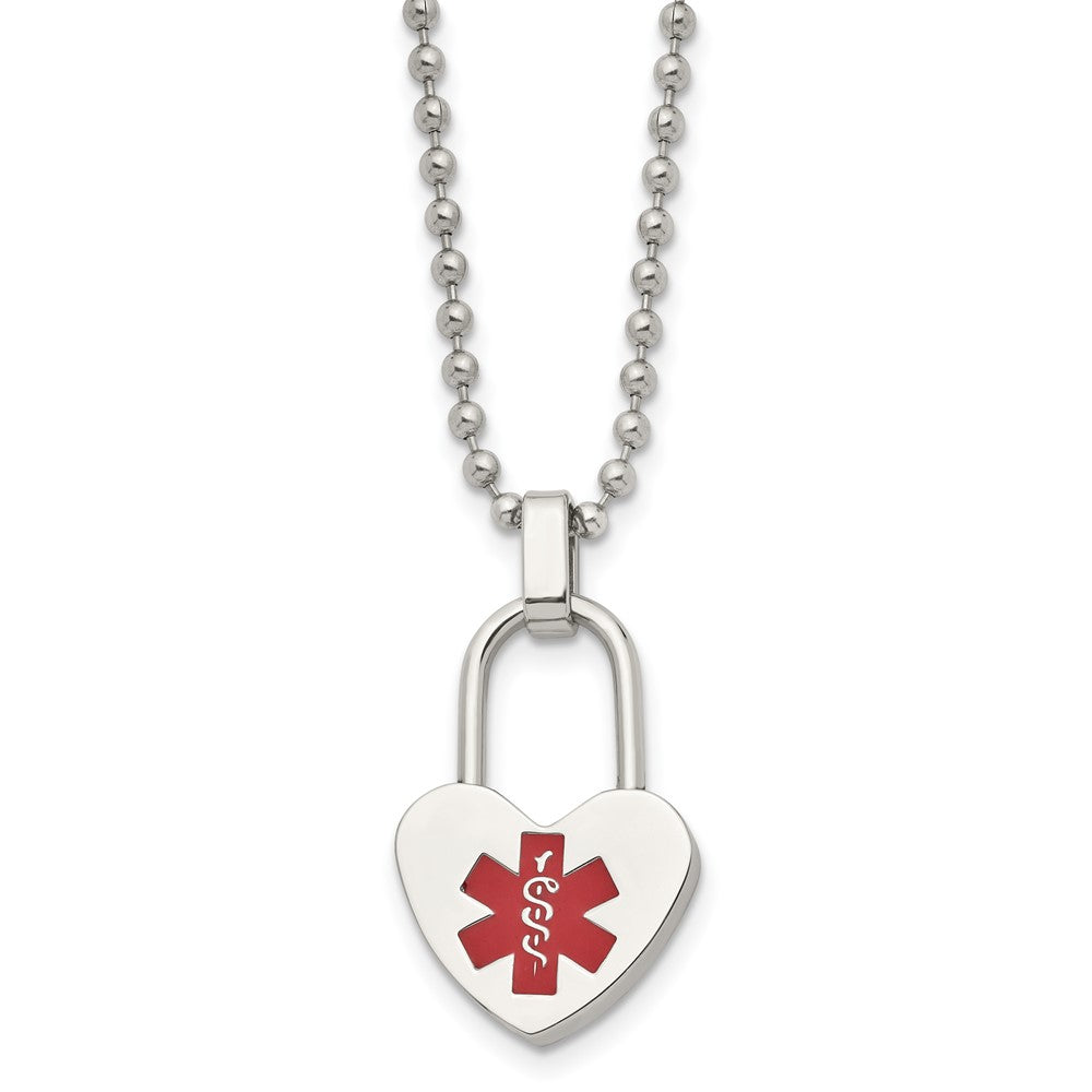 Chisel Stainless Steel Polished with Red Enamel Heart Lock Medical ID Pendant on a 24 inch Ball Chain Necklace
