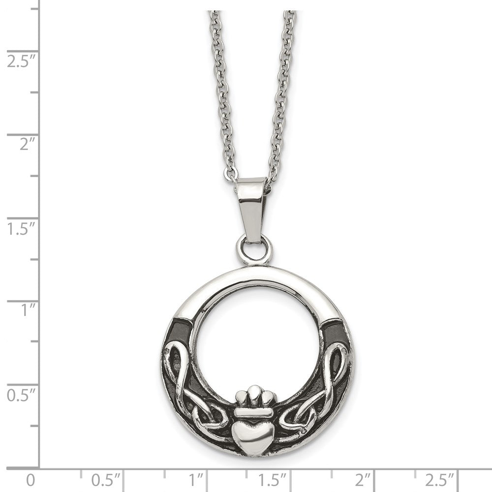 Stainless Steel Antiqued and Polished Claddagh 18in Necklace