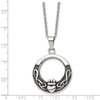 Stainless Steel Antiqued and Polished Claddagh 18in Necklace