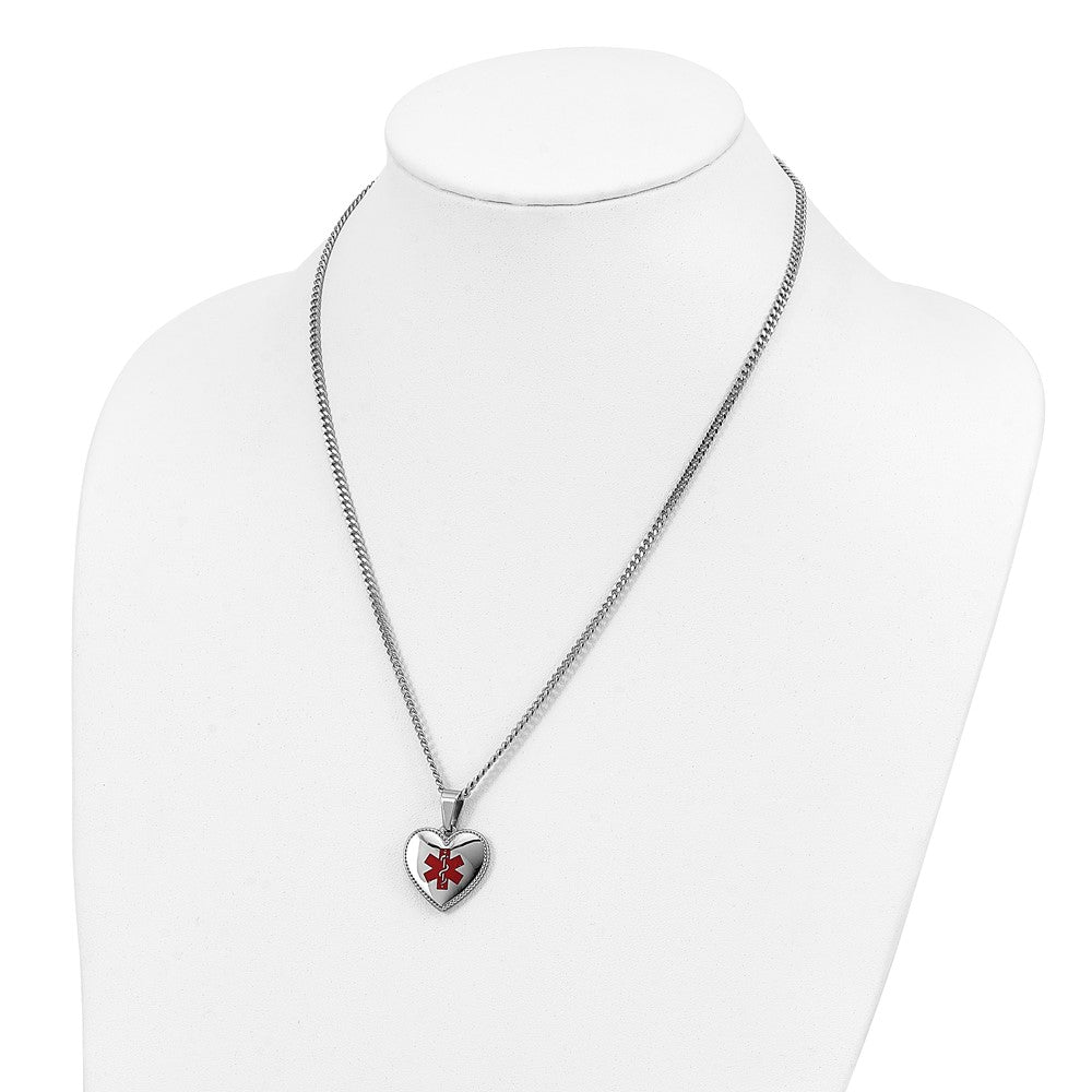 Chisel Stainless Steel Polished with Red Enamel Heart Medical ID Pendant on a 20 inch Curb Chain Necklace