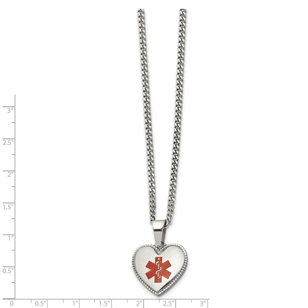 Chisel Stainless Steel Polished with Red Enamel Heart Medical ID Pendant on a 20 inch Curb Chain Necklace