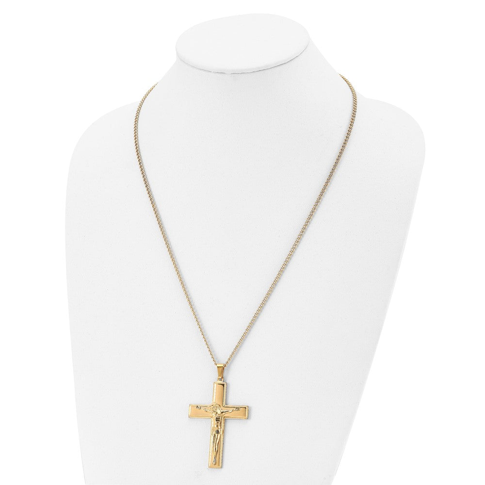 Chisel Stainless Steel Polished Yellow IP-plated Crucifix Pendant on a 24 inch Curb Chain Necklace