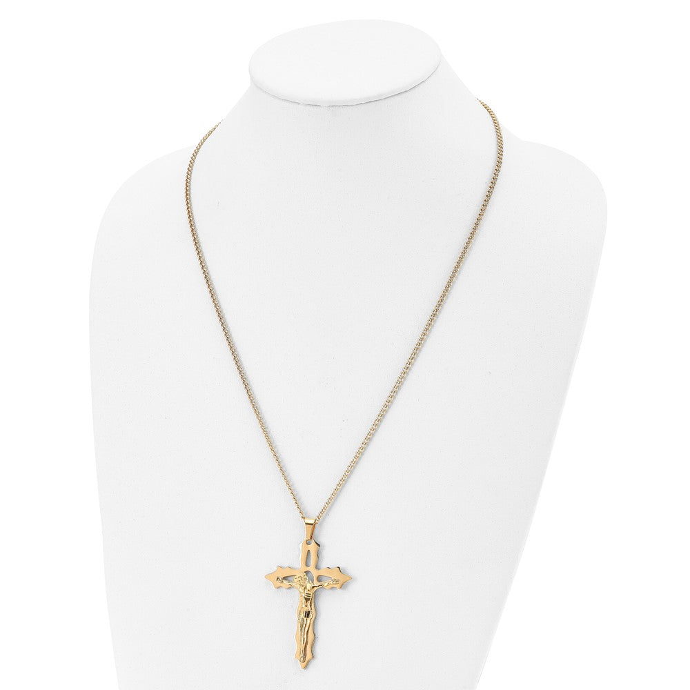 Chisel Stainless Steel Polished Yellow IP-plated Cutout Crucifix Pendant on a 24 inch Curb Chain Necklace