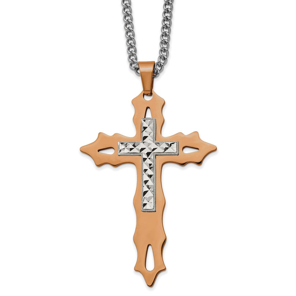 Chisel Stainless Steel Polished Brown IP-plated Diamond Cut Cross Pendant on a 24 inch Curb Chain Necklace