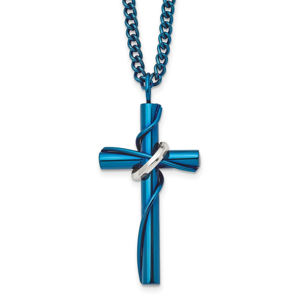 Chisel Stainless Steel Polished Blue IP-plated Cross with Moveable Ring Pendant on a 24 inch Curb Chain Necklace
