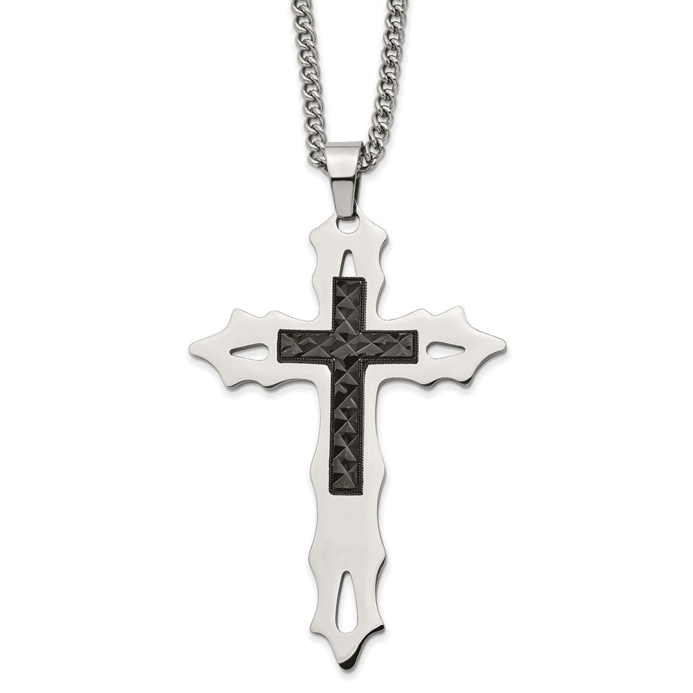Chisel Stainless Steel Polished Diamond Cut Black IP-plated Cross Pendant on a 24 inch Curb Chain Necklace