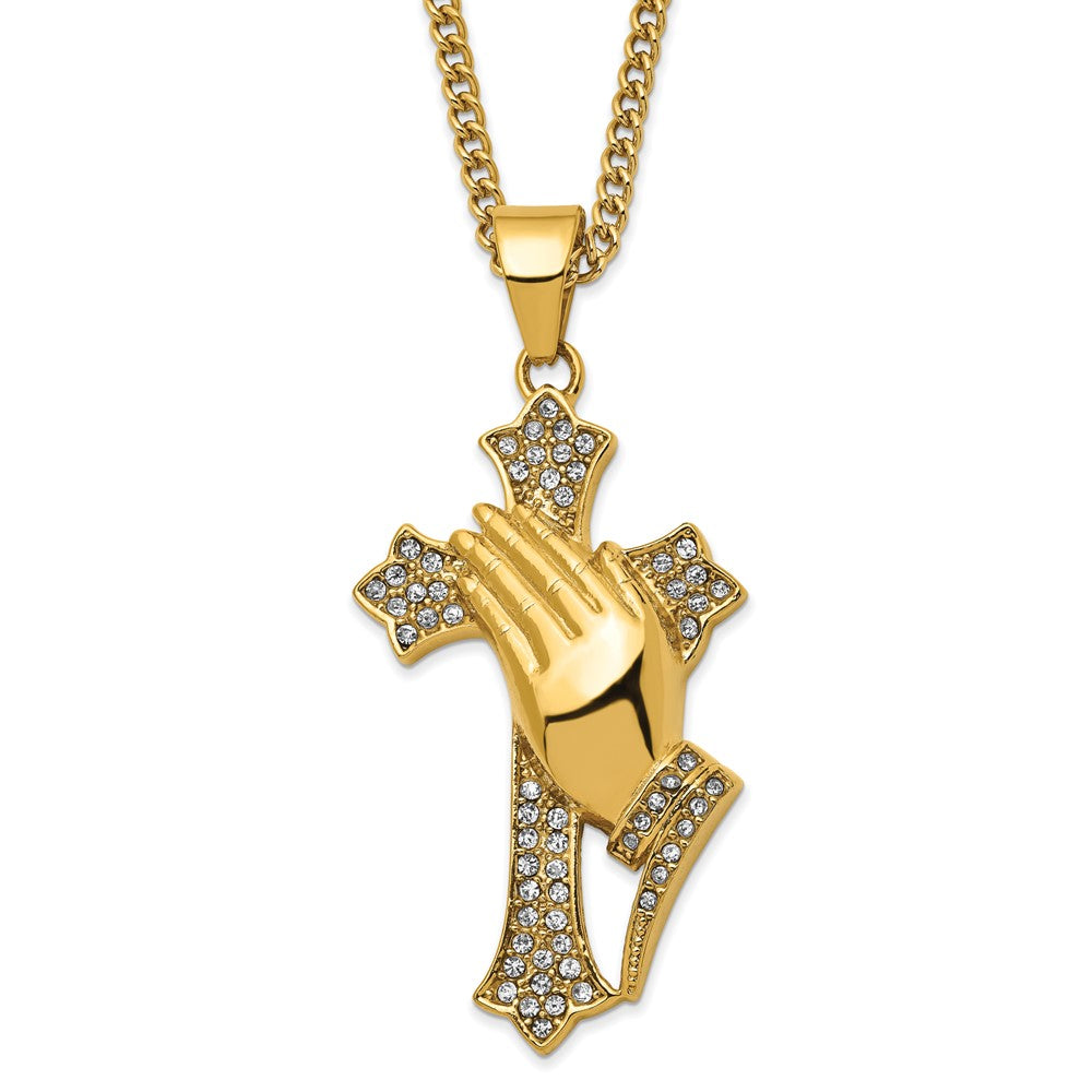 Chisel Stainless Steel Polished Yellow IP-plated with Crystal Cross with Prayer Hands Pendnat on a 24 inch Curb Chain Necklace