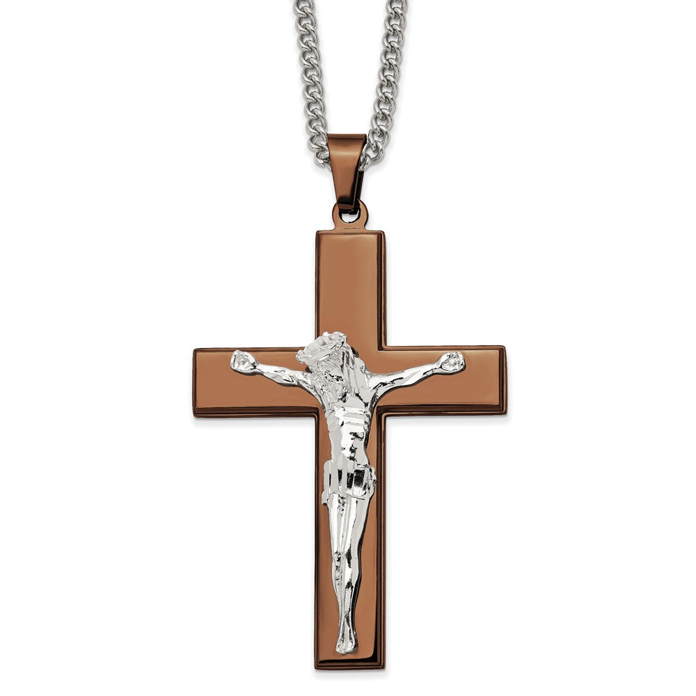 Chisel Stainless Steel Polished Brown IP-plated Crucifix Pendant on a 24 inch Curb Chain Necklace