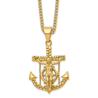 Chisel Stainless Steel Polished and Textured Yellow IP-plated Mariner's Cross Pendant on a 24 inch Curb Chain Necklace