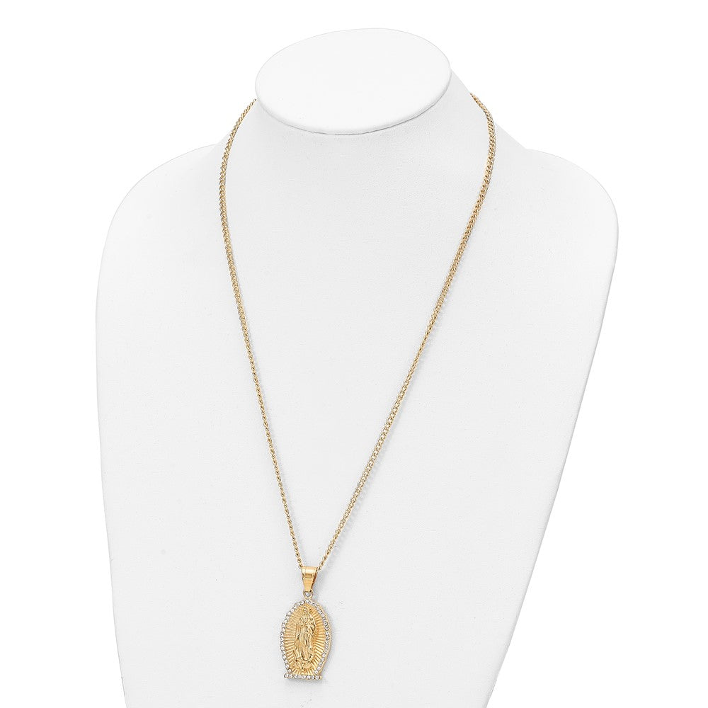 Chisel Stainless Steel Polished Yellow IP-plated with Crystal Our Lady of Guadalupe Pendant on a 24 inch Curb Chain Necklace