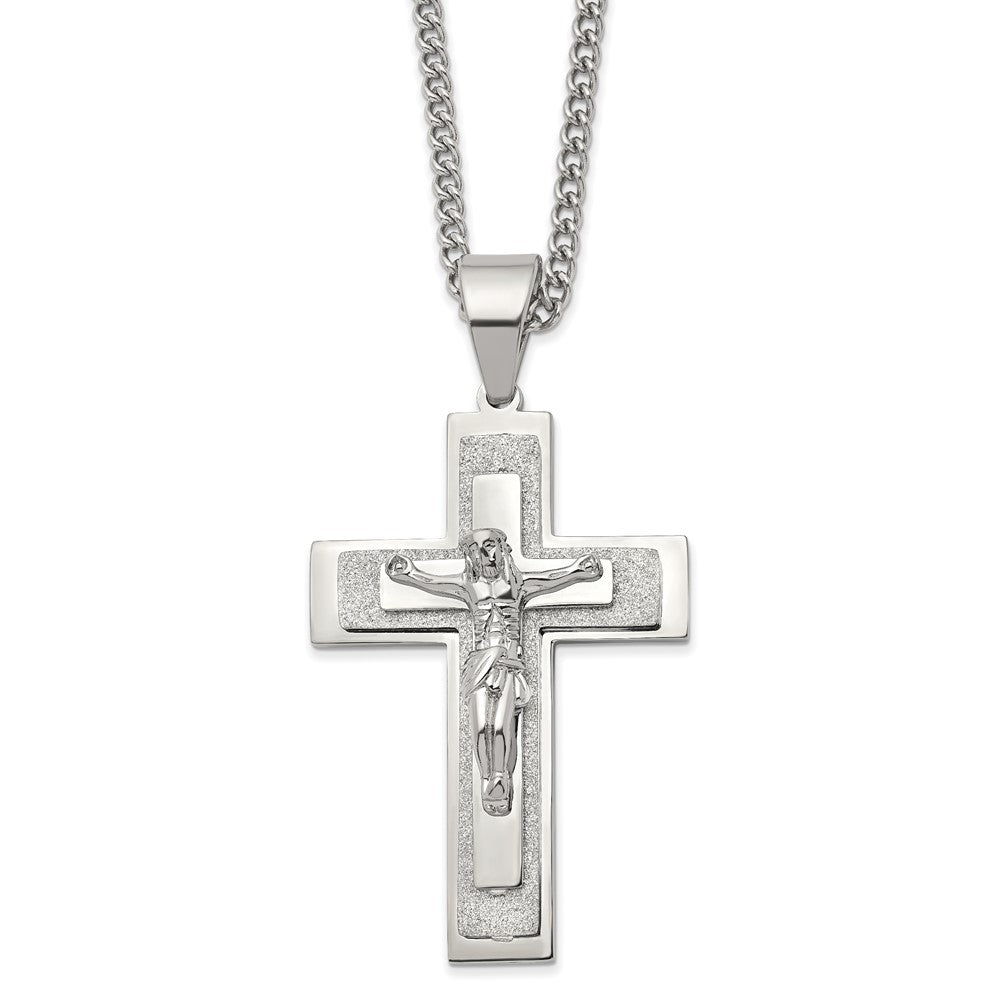 Chisel Stainless Steel Polished Laser-cut Crucifix Pendant on a 24 inch Curb Chain Necklace