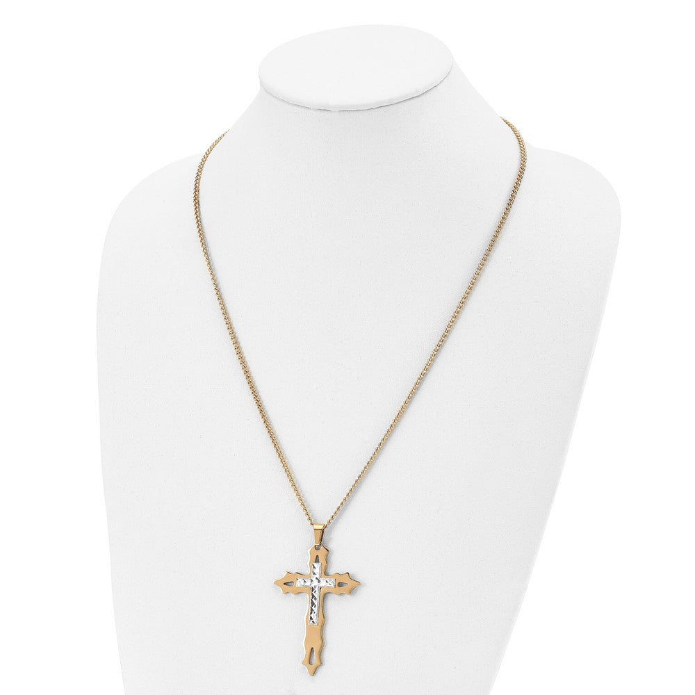 Chisel Stainless Steel Polished Yellow IP-plated Diamond Cut Cross Pendant on a 24 inch Curb Chain Necklace