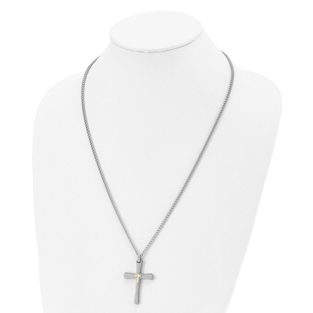 Chisel Stainless Steel Polished with 14k Gold Accent Diamond-cut Cross Pendant on a 24 inch Curb Chain Necklace