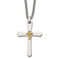 Chisel Stainless Steel Polished with 14k Gold Accent Diamond-cut Cross Pendant on a 24 inch Curb Chain Necklace