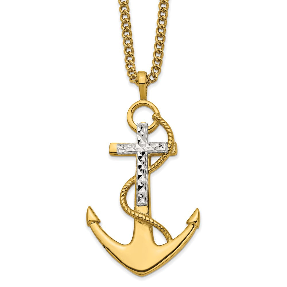 Chisel Stainless Steel Polished Yellow IP-plated Diamond cut Cross and Anchor Pendant on a 24 inch Curb Chain Necklace