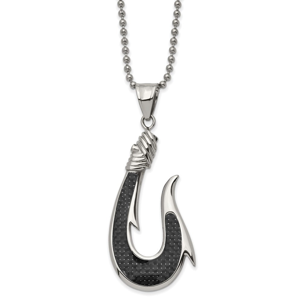 Chisel Stainless Steel Polished with Black Carbon Fiber Inlay Hook Pendant on a 22 inch Ball Chain Necklace