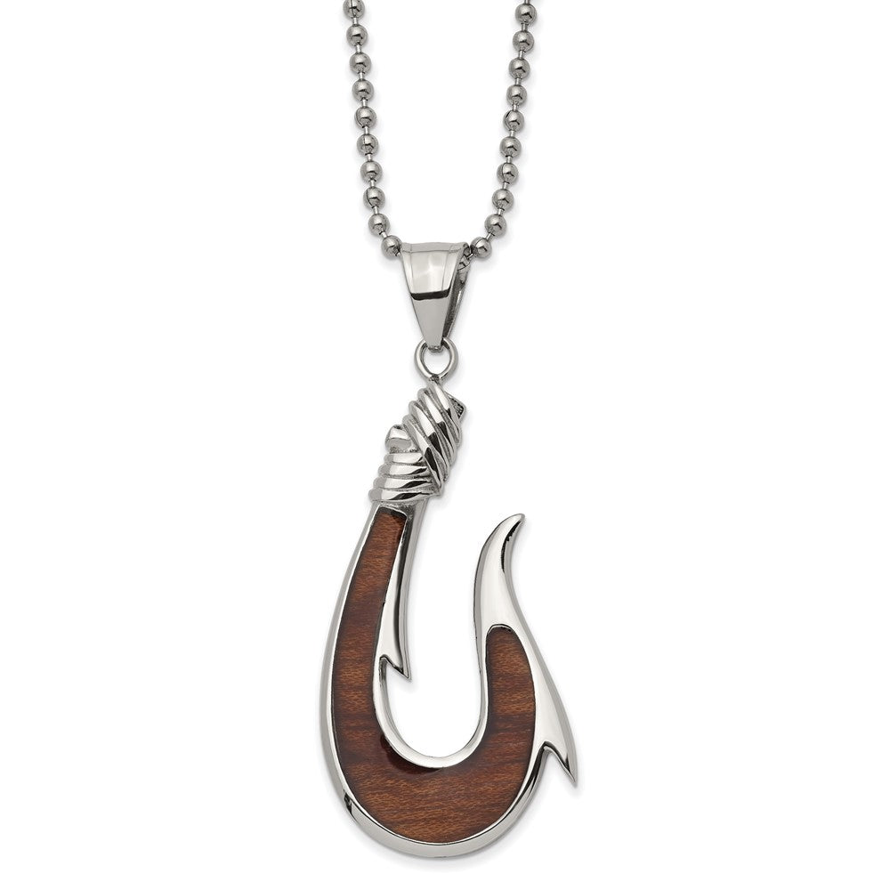 Chisel Stainless Steel Polished with Rosewood Inlay Hook Pendant on a 22 inch Ball Chain Necklace