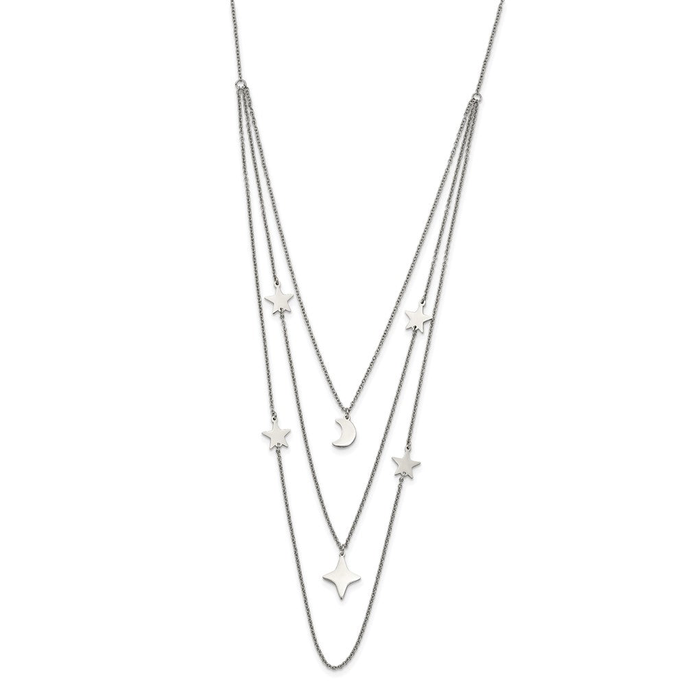 Stainless Steel Polished Stars & Moon Multi Strand w/1.75in ext Necklace
