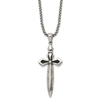 Stainless Steel Antiqued and Polished Cross/Sword 24in Necklace