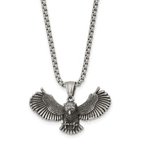 Stainless Steel Antiqued and Polished Flying Owl 24in Necklace