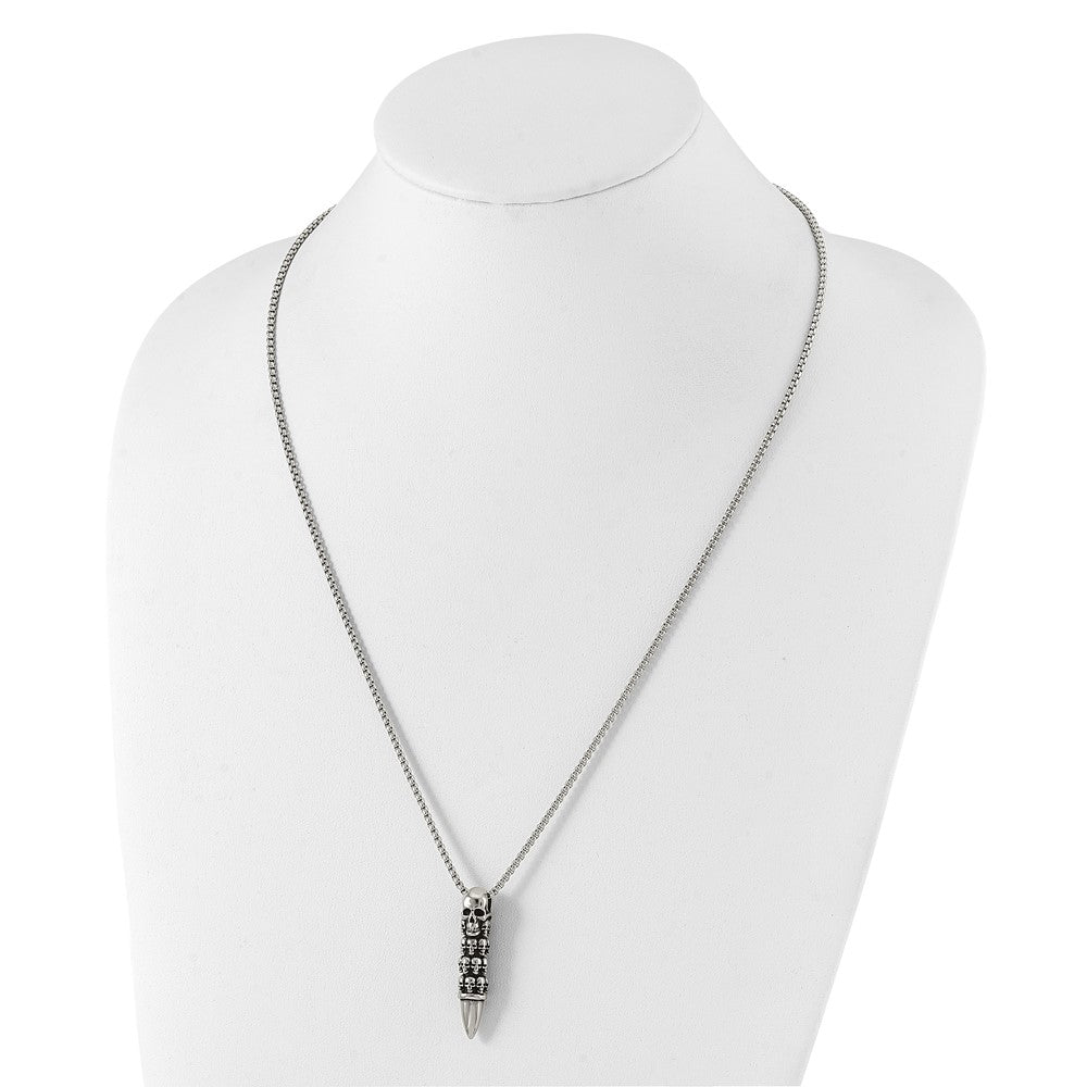 Stainless Steel Antiqued and Polished Bullet w/Skulls 25.5in Necklace