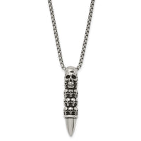 Stainless Steel Antiqued and Polished Bullet w/Skulls 25.5in Necklace