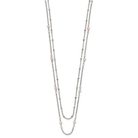 Stainless Steel Polished 2-Strand Pink Crystal Beaded w/1in ext. Necklace
