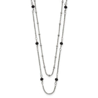 Stainless Steel Polished 2-Strand Black Crystal Beaded w/1in ext. Necklace