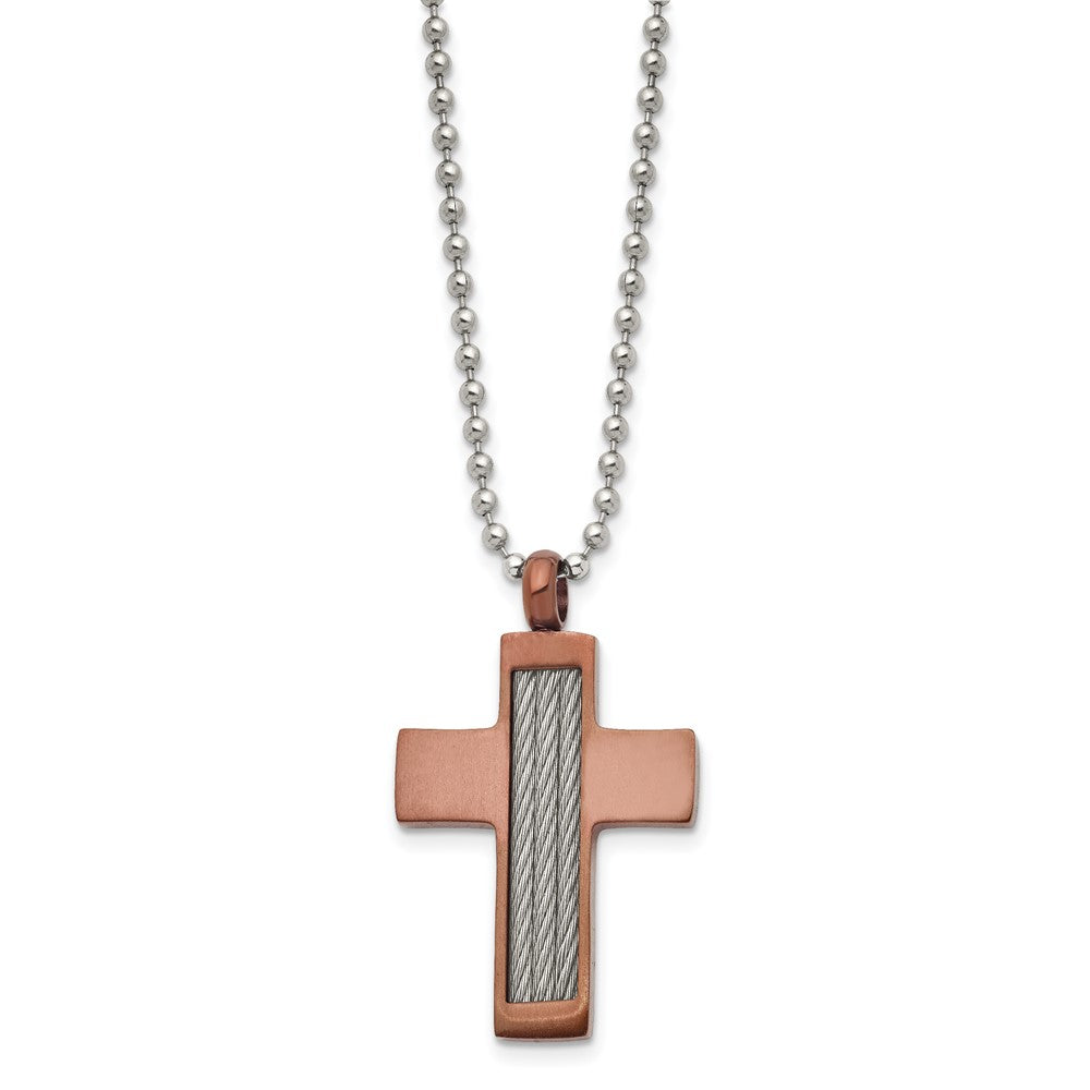 Chisel Stainless Steel Brushed Brown IP-plated with Cable Inlay Cross Pendant on a 24 inch Ball Chain Necklace