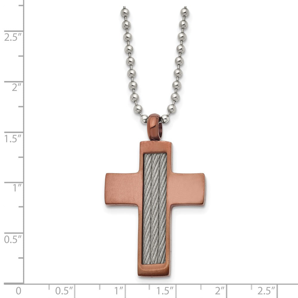 Chisel Stainless Steel Brushed Brown IP-plated with Cable Inlay Cross Pendant on a 24 inch Ball Chain Necklace