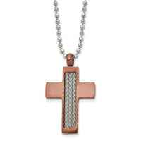 Chisel Stainless Steel Brushed Brown IP-plated with Cable Inlay Cross Pendant on a 24 inch Ball Chain Necklace