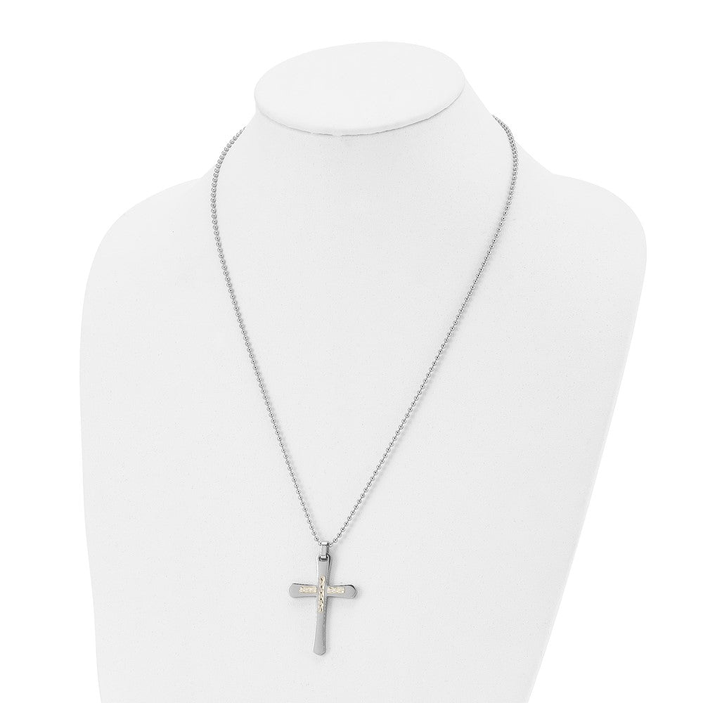 Chisel Stainless Steel Polished with 14k Gold Accent Diamond-cut Cross Pendant on a 22 inch Ball Chain Necklace