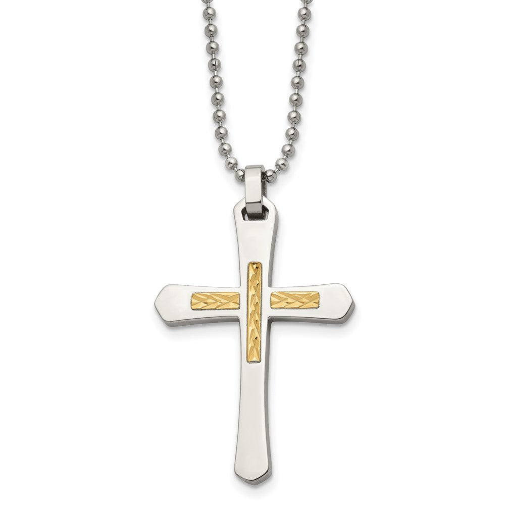Chisel Stainless Steel Polished with 14k Gold Accent Diamond-cut Cross Pendant on a 22 inch Ball Chain Necklace