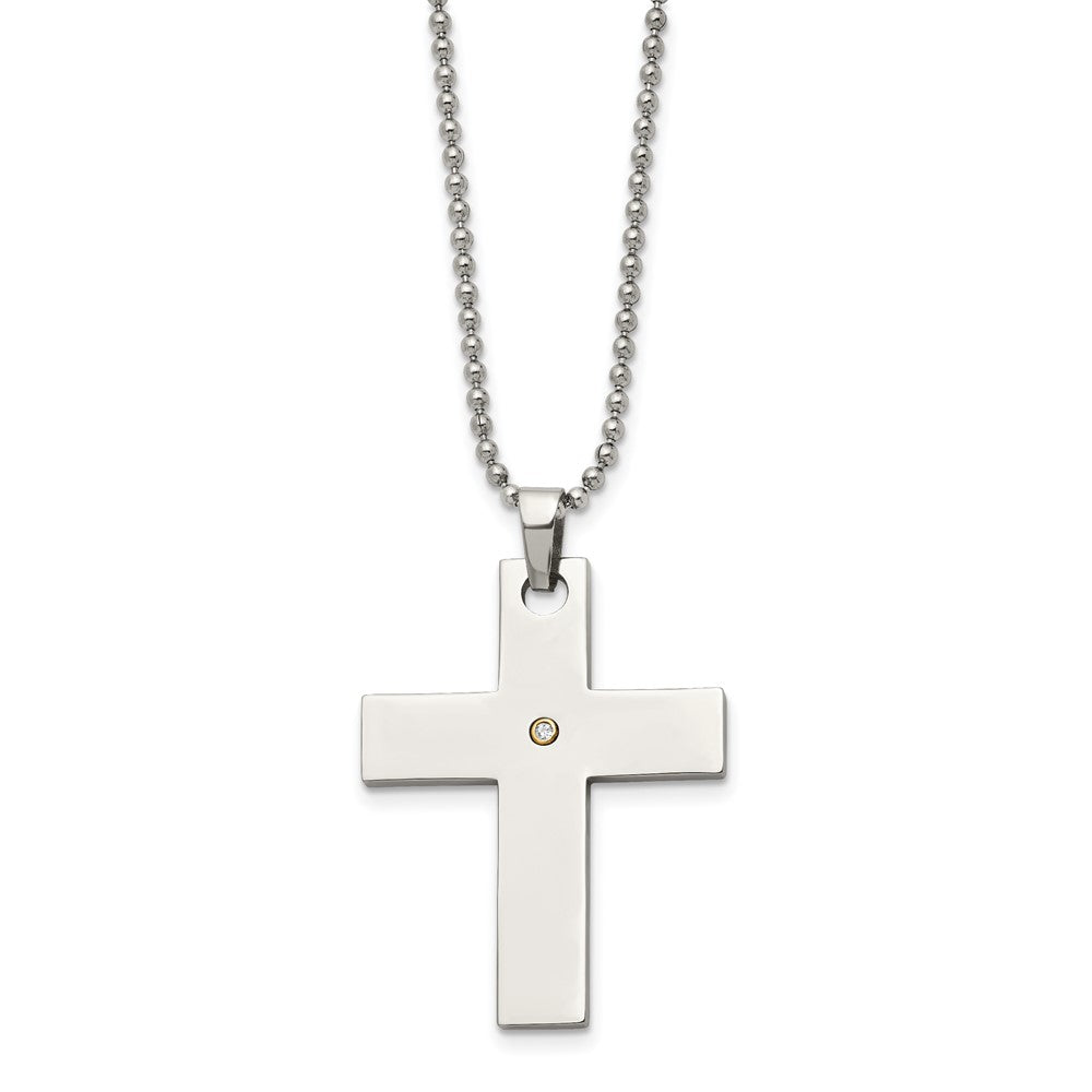 Chisel Stainless Steel Polished with 14k Gold Accent .02 carat Diamond Cross Pendant on a 22 inch Ball Chain Necklace