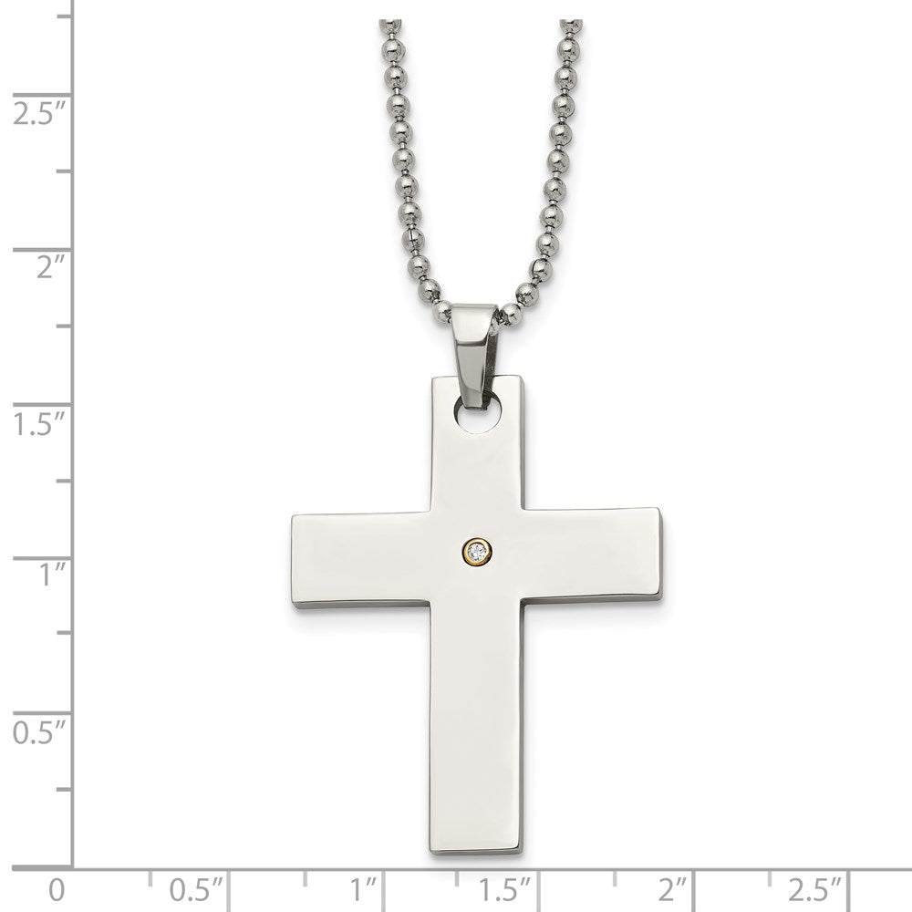 Chisel Stainless Steel Polished with 14k Gold Accent .02 carat Diamond Cross Pendant on a 22 inch Ball Chain Necklace