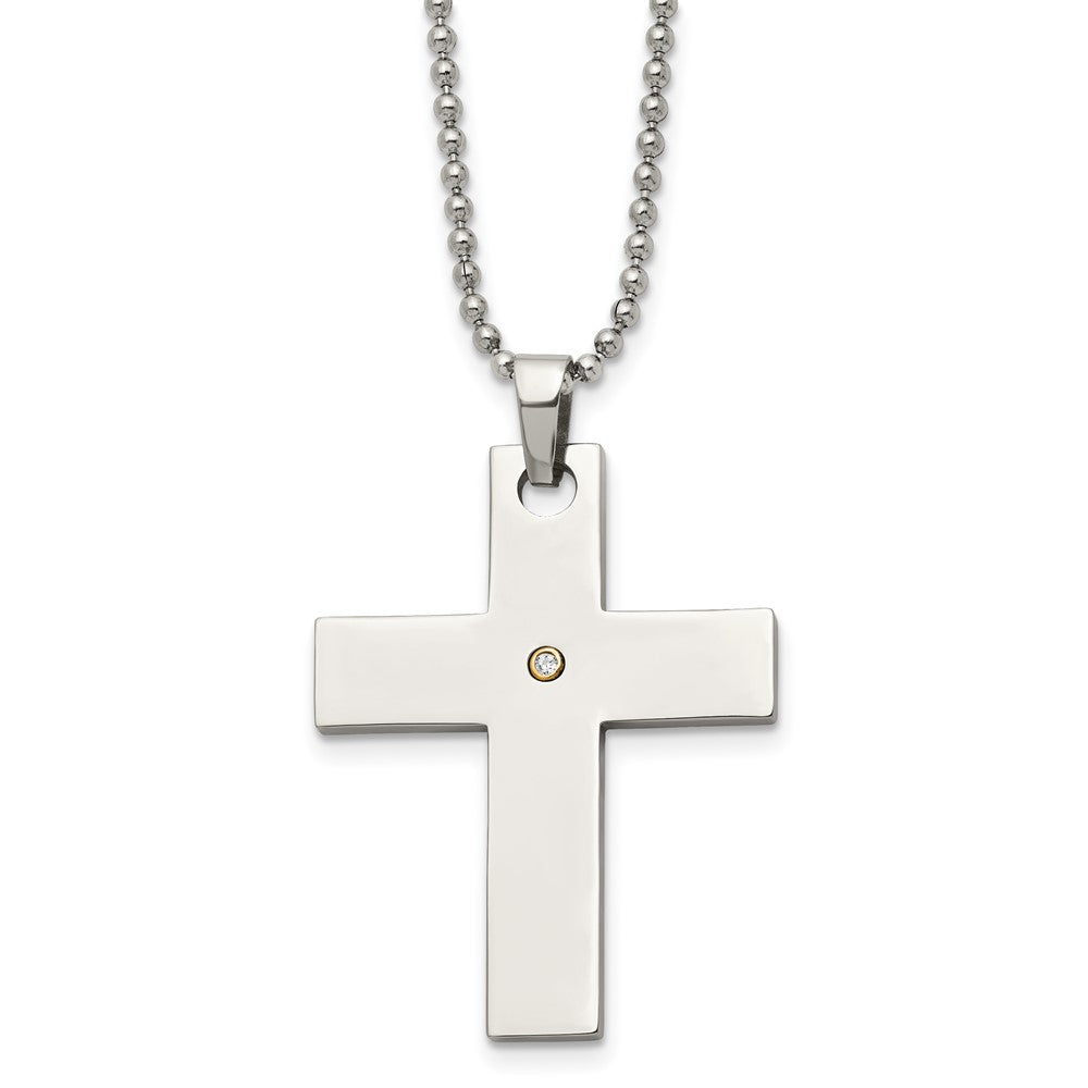 Chisel Stainless Steel Polished with 14k Gold Accent .02 carat Diamond Cross Pendant on a 22 inch Ball Chain Necklace