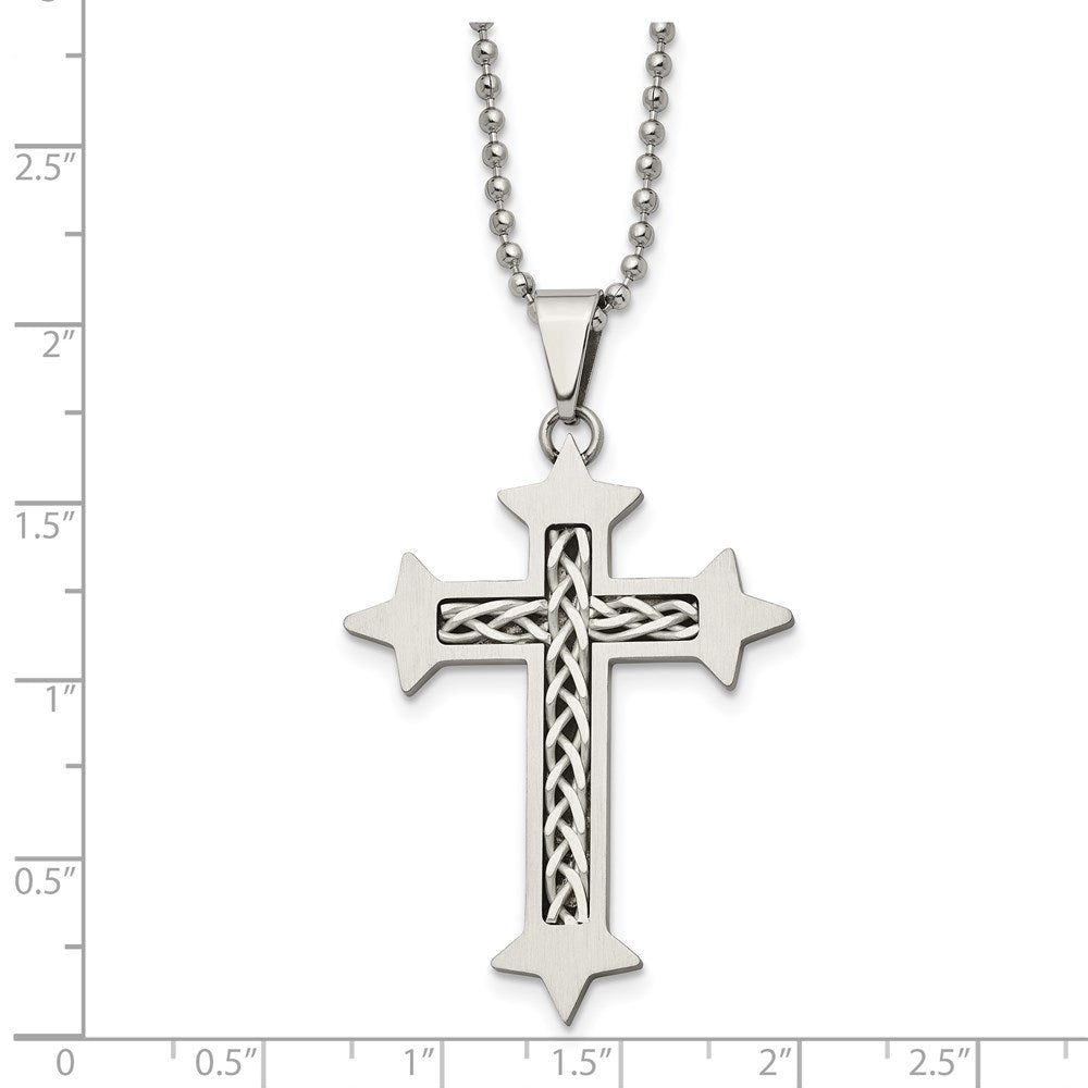 Chisel Stainless Steel Brushed with Braided Sterling Silver Inlay Cross Pendant on a 24 inch Ball Chain Necklace