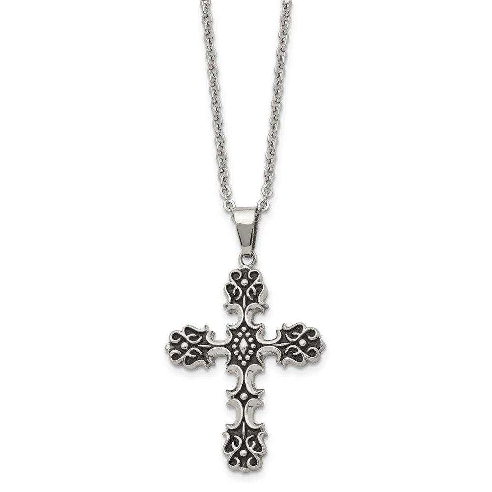 Chisel Stainless Steel Antiqued Polished and Textured Cross Pendant on a 22 inch Cable Chain Necklace