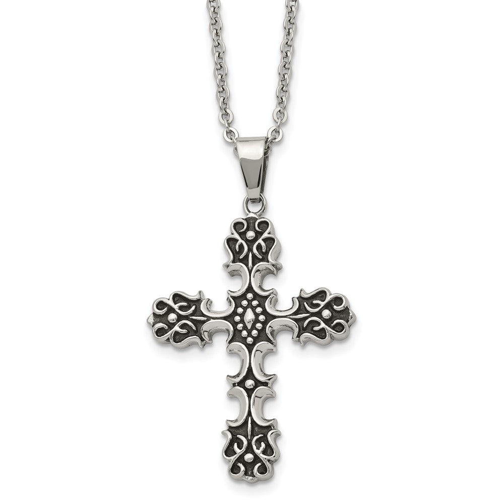 Chisel Stainless Steel Antiqued Polished and Textured Cross Pendant on a 22 inch Cable Chain Necklace