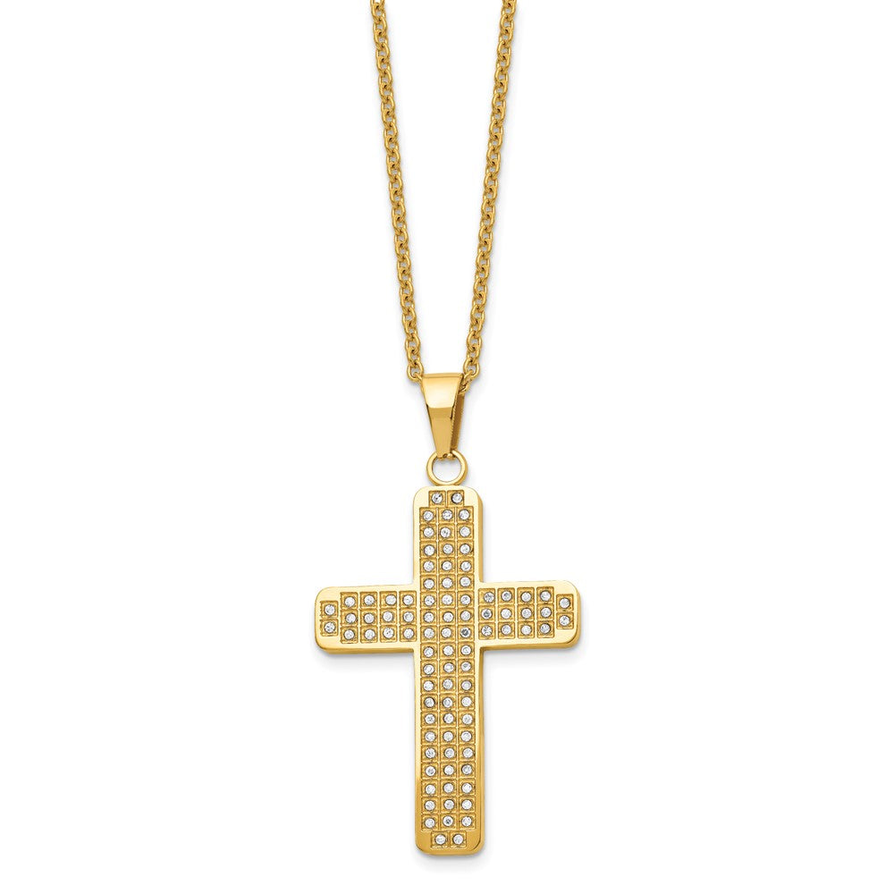 Chisel Stainless Steel Polished Yellow IP-plated with CZ Cross Pendant on a 22 inch Cable Chain Necklace