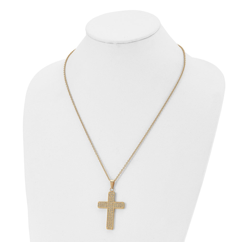 Chisel Stainless Steel Polished Yellow IP-plated with CZ Cross Pendant on a 22 inch Cable Chain Necklace