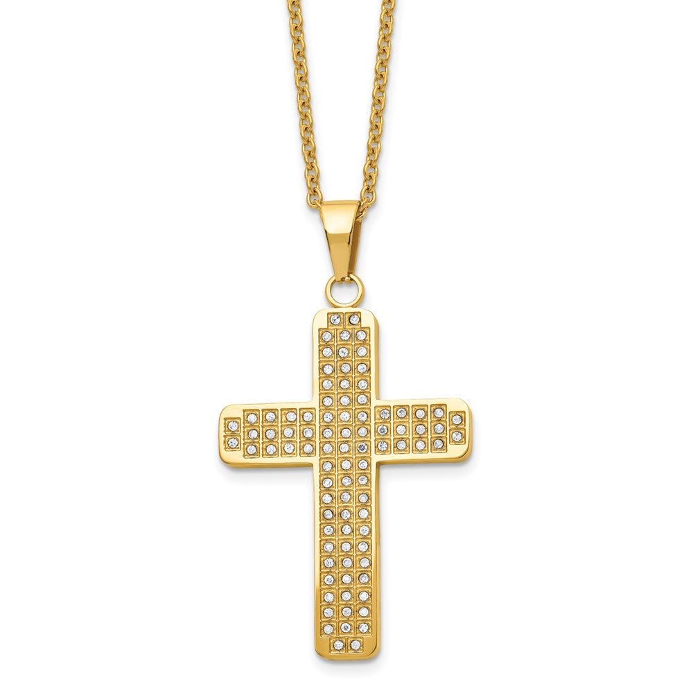 Chisel Stainless Steel Polished Yellow IP-plated with CZ Cross Pendant on a 22 inch Cable Chain Necklace